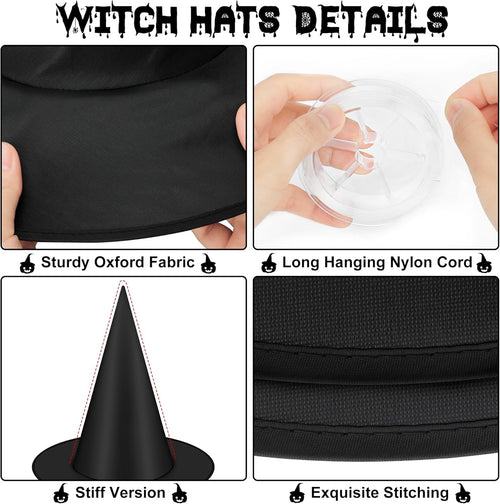 12-Pack Floating Halloween Witch Hats – Black Hanging Hats with 328 FT Cord, Wizard & Witch Costume Accessories for Indoor & Outdoor Halloween Decorations (Home, Yard, Porch, Ceiling)