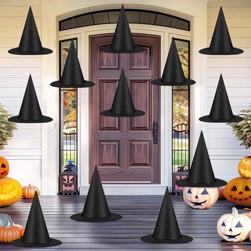 12-Pack Floating Halloween Witch Hats – Black Hanging Hats with 328 FT Cord, Wizard & Witch Costume Accessories for Indoor & Outdoor Halloween Decorations (Home, Yard, Porch, Ceiling)
