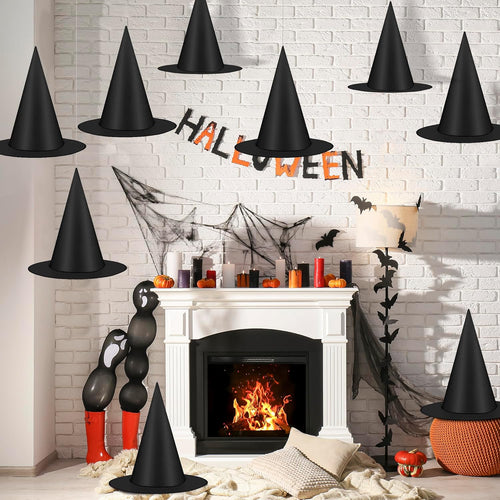 12-Pack Floating Halloween Witch Hats – Black Hanging Hats with 328 FT Cord, Wizard & Witch Costume Accessories for Indoor & Outdoor Halloween Decorations (Home, Yard, Porch, Ceiling)
