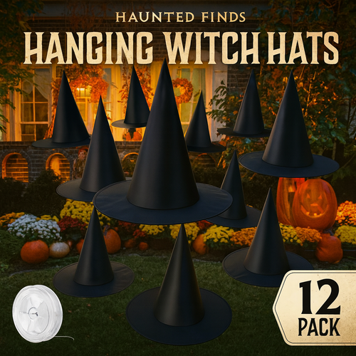 12-Pack Floating Halloween Witch Hats – Black Hanging Hats with 328 FT Cord, Wizard & Witch Costume Accessories for Indoor & Outdoor Halloween Decorations (Home, Yard, Porch, Ceiling)